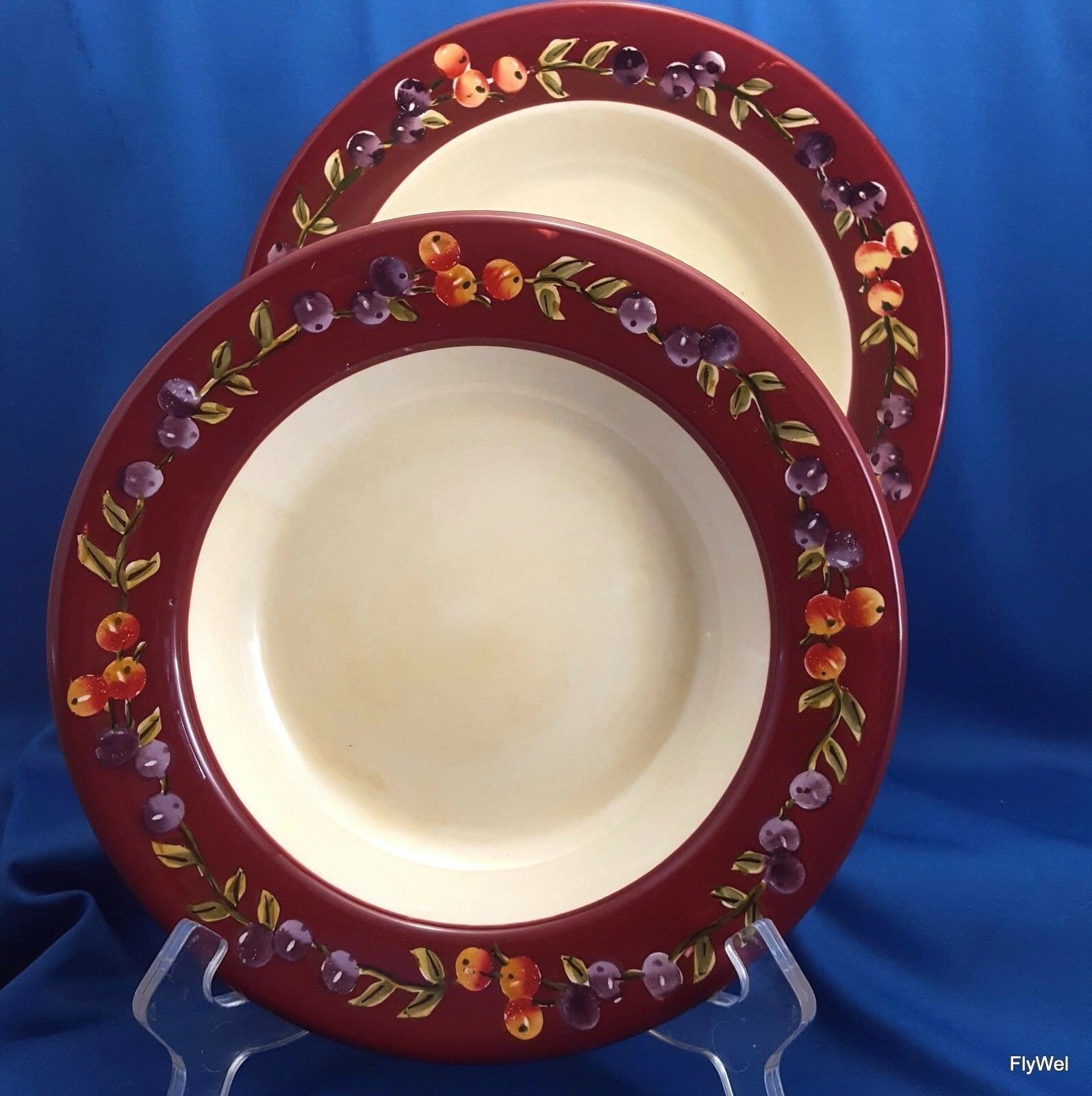 Oneida Tuscan Harvest Rimmed Soup Bowls Set of 2 Hand Painted Fruit 8.
