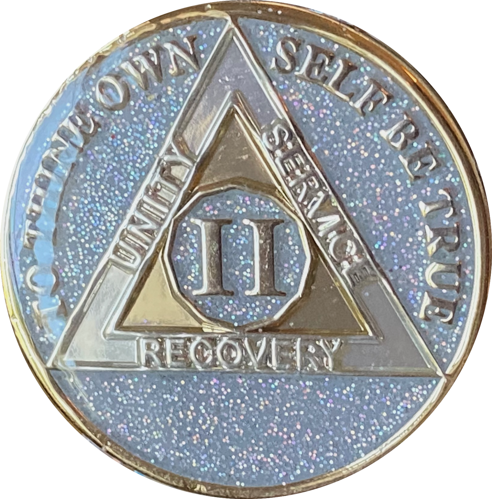 2 Year AA Medallion Opal Silver Glitter Tri-Plate Sobriety Chip