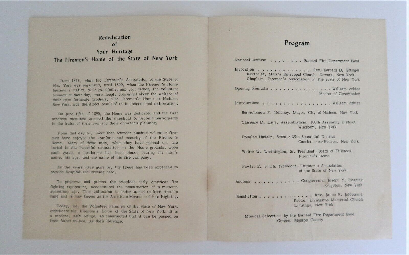 Vtg Program Volunteer Firemen's Home Hudson NY 1967 Rare Ephemera Other