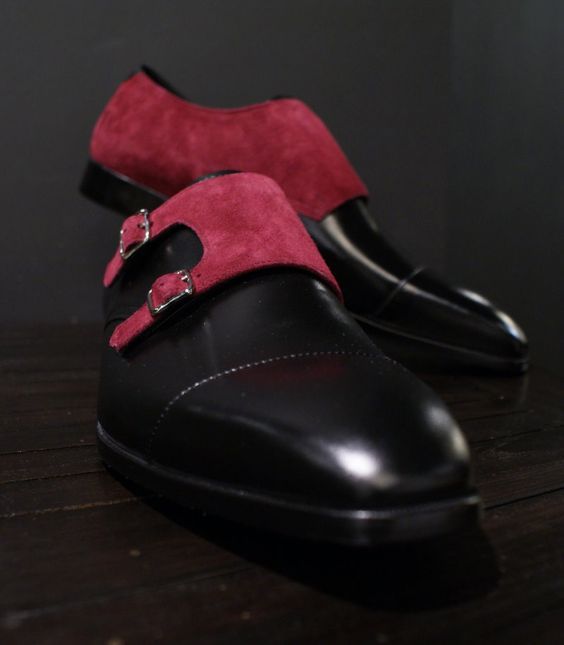 Hand Stitched Monk Suede Leather Shoes Black Red Suede Shoes Men Dress ...
