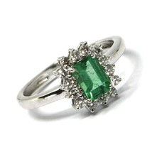 18K White Gold Rectangular Ring, Diamond & Emerald, Made In Italy - $1,294.35