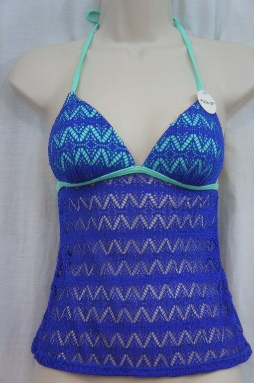 Hula Honey Tankini Top sz XS Cobalt Blue Mint Crochet Bikini Swim ...