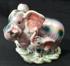 Vintage Porcelain 4&quot; LUSTERWARE ELEPHANT MOMMA &amp; CALF Trunk Up Baby NICE... - $22.05