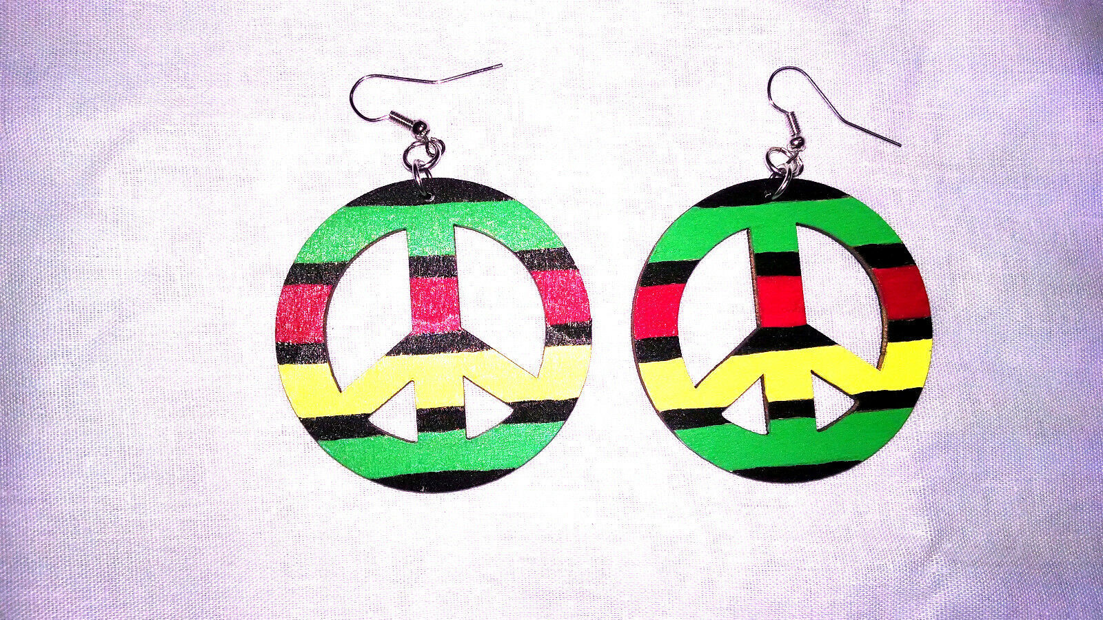 RASTA PEACE SIGN RED YELLOW GREEN BLACK HAND PAINTED WOOD DANGLING EARRINGS