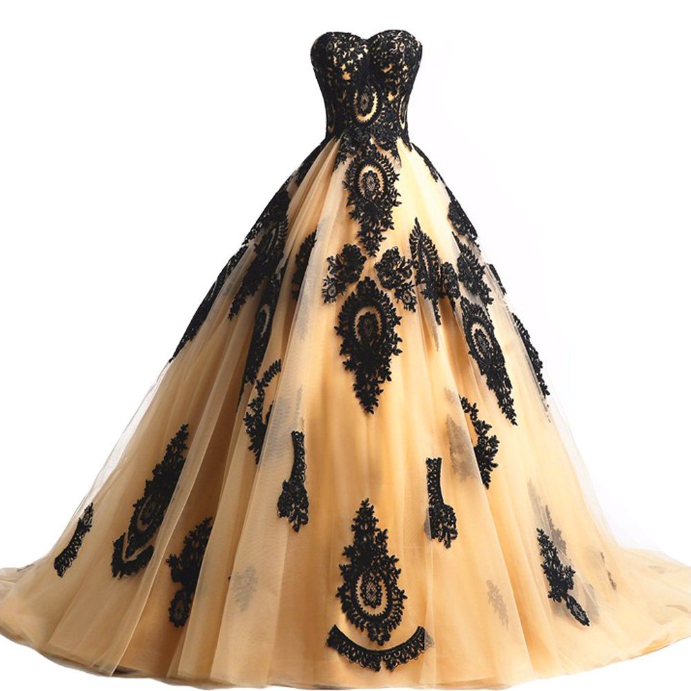 Plus Size Gold and Black Lace Long Gothic Wedding Dress Corset Prom Evening Gown
