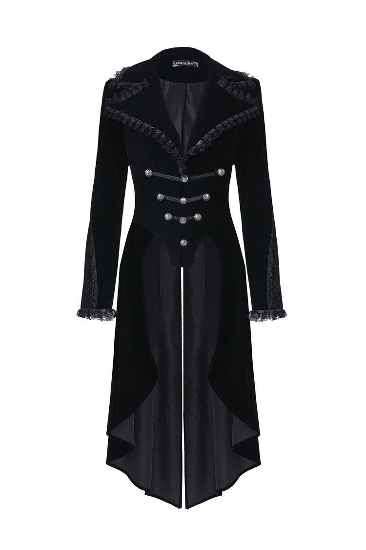 Black Velvet Victorian Tailcoat Lace Trim Military Goth Jacket Spring ...