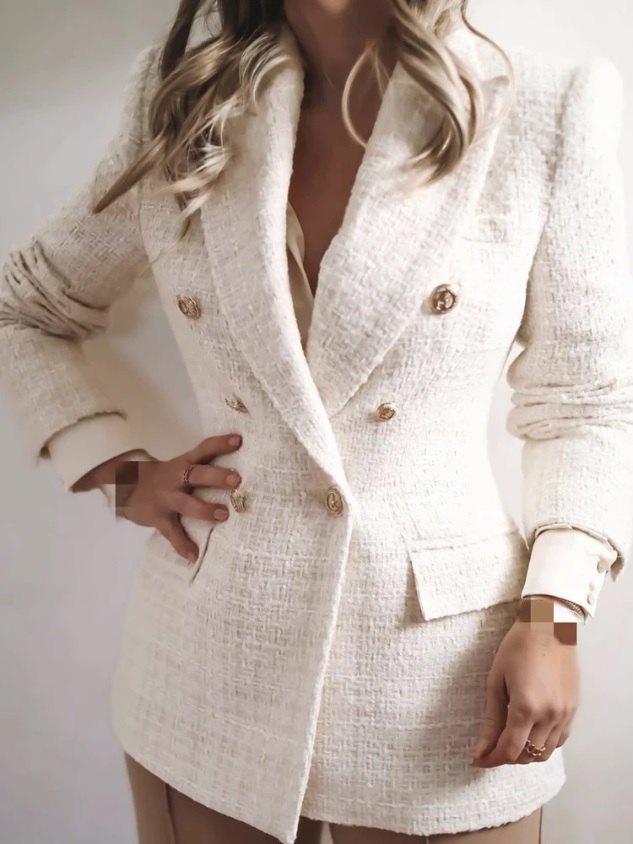 White tweed high quality long sleeve double breasted women blazer jacket