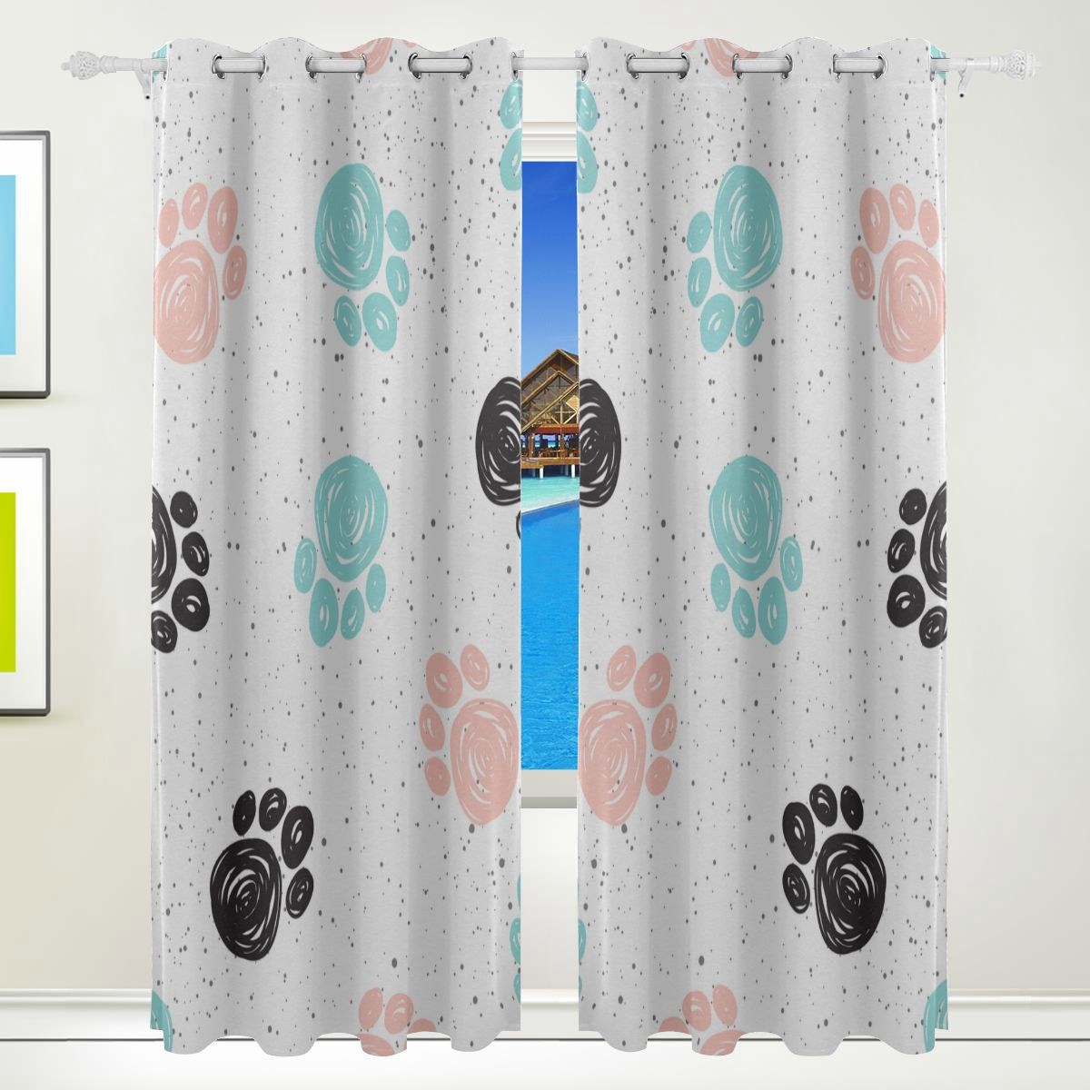 Bedroom Curtains For Women Kawaii Dog Paw Cute Puppy Print Colorful Curtains For Window