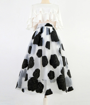 White Black Flower Modi Skirt Outfit Summer High Waist Organza Party Midi Skirts image 3