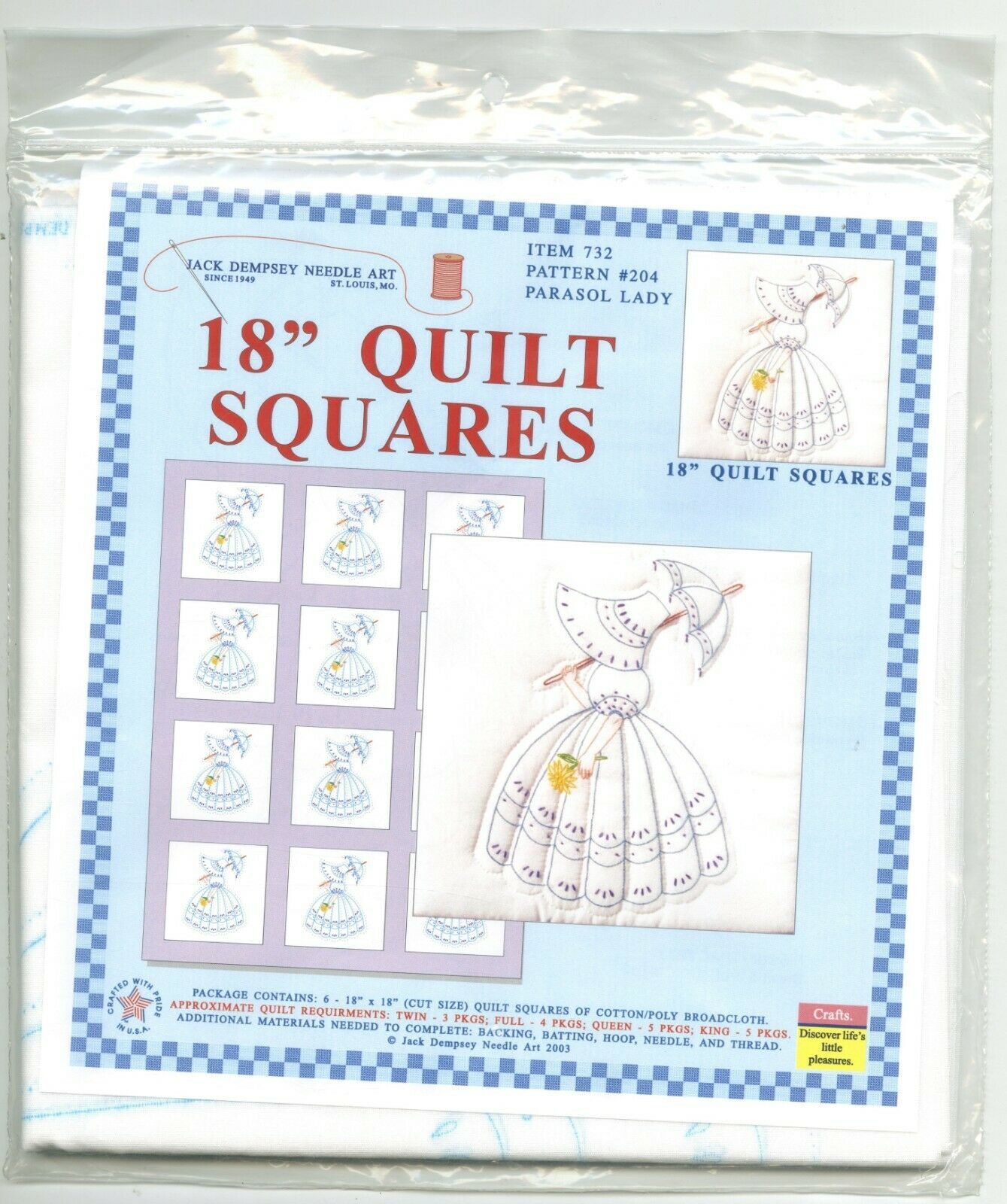 Jack Dempsey Needle Art 18" Quilt Squares Parasol Lady Item 732