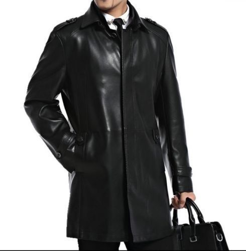 Image of Mens Leather Trench Long Coats Outwear Jackets Overcoat Slim Fit Luxury-CGN-01