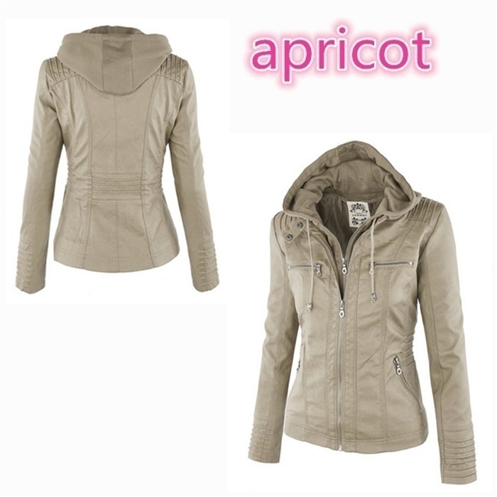 Image of Apricot New Fashion Women Slim Removable Hooded Leather Jackets Outerwear Coats