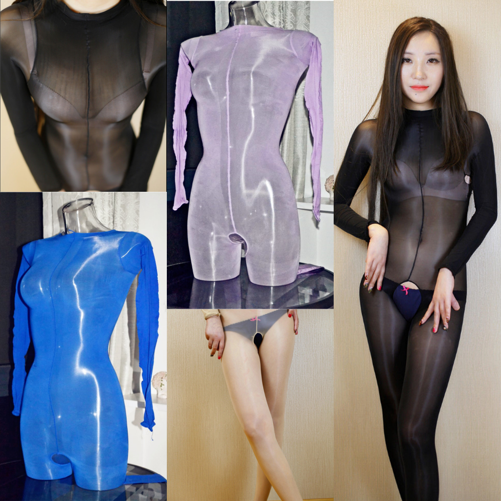 Sexy 8D Oil Shiny Jumpsuit Sheer Playsuit Open Crotch Bodystocking Plus Unisex
