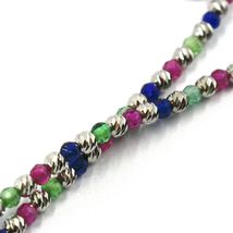 18K WHITE GOLD BRACELET, FACETED WORKED 2mm BALLS, BLUE GREEN RED CUBIC ZIRCONIA image 3