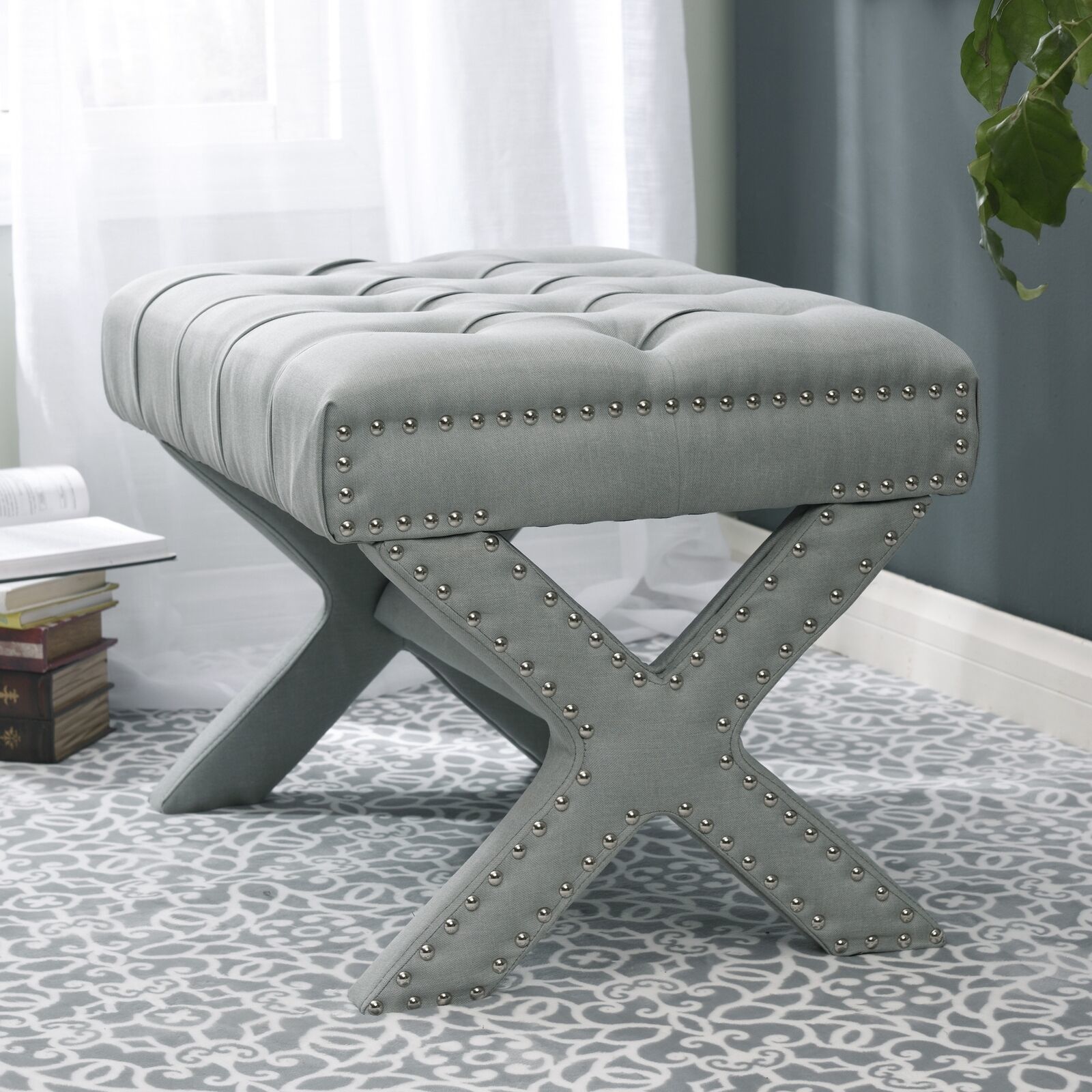 Linen Tufted Upholstered Ottoman Bench Wood Nailhead Finish With X Legs