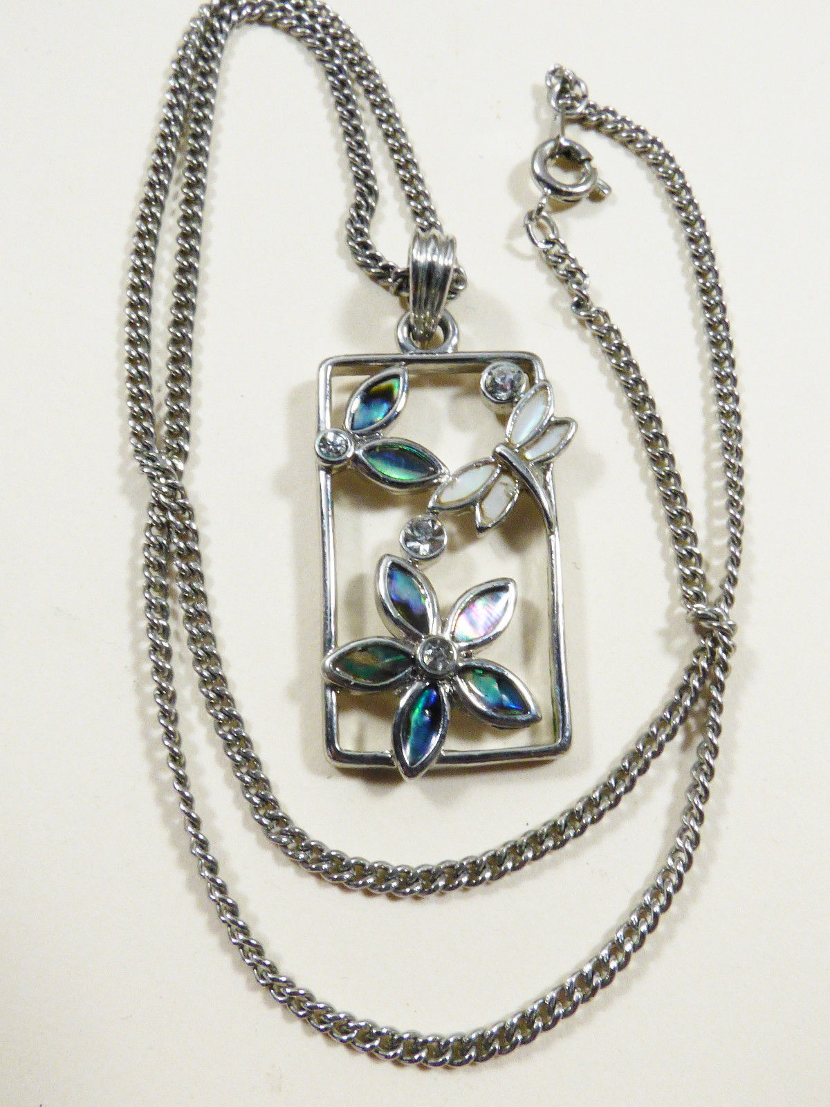 Silver tone metal link necklace Abalone Shell Crystal pendant Flower pendant - $20.79