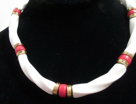 Vintage Avon Lucite Bead Necklace Red White 1988 Classic Twist Lucite Tube  - $15.00