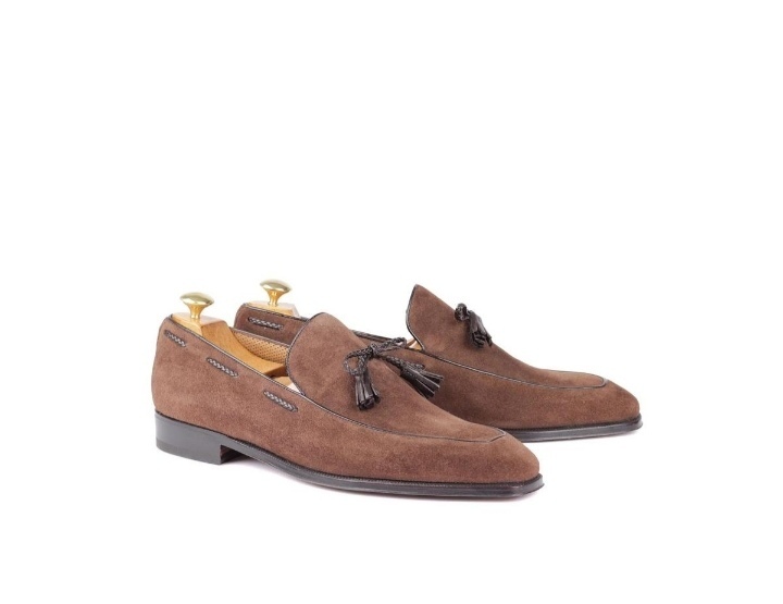 Men Slip On Suede Formal Shoes, Loafer Tussles Beige Business Handmade Shoes 201