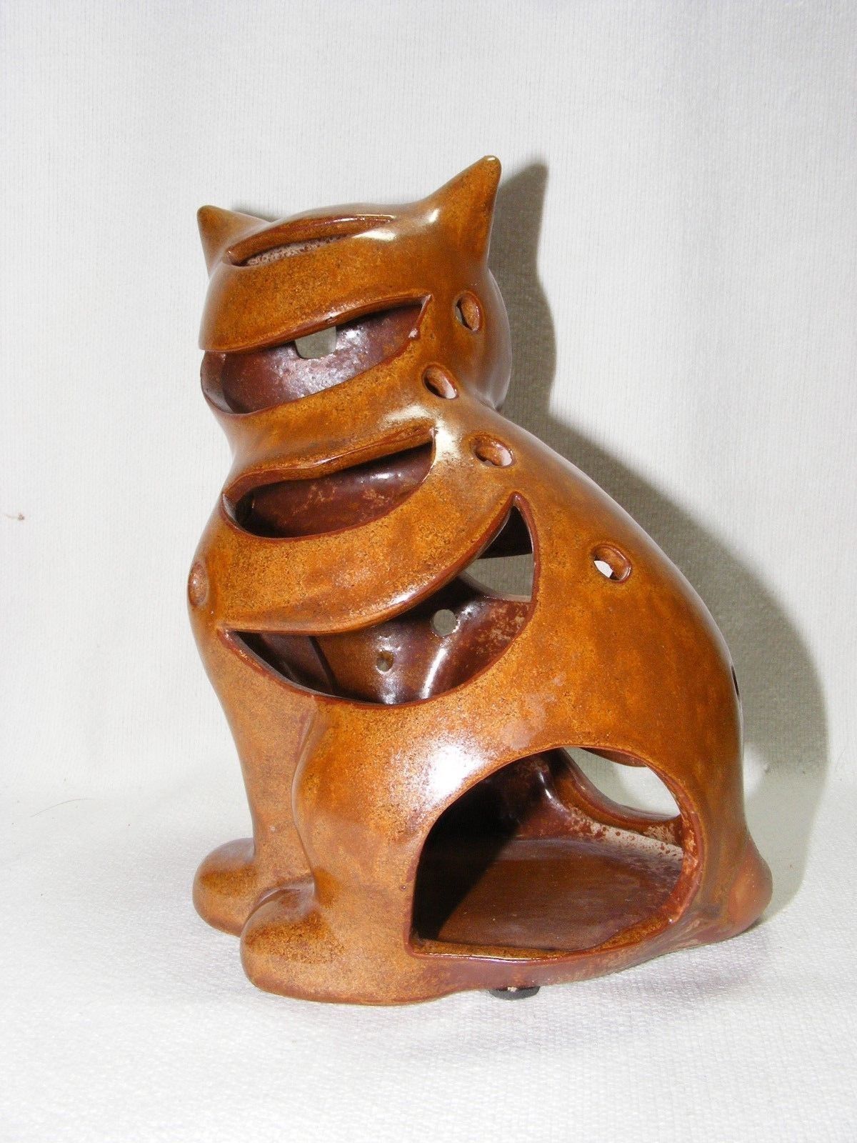 Ceramic Cat Votive Candle Holder 7" Tall Brown Hand Painted New no Box