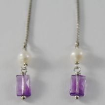 SOLID 18K WHITE GOLD PENDANT EARRINGS WITH AMETHYST AND PEARL MADE IN ITALY image 3