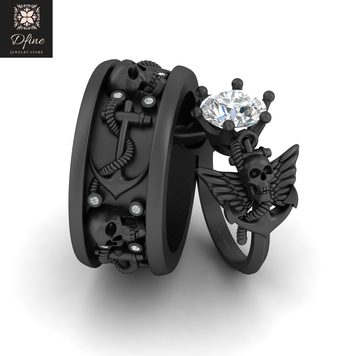 Matching Skull Couple Rings Diamond Anchor Gothic Skull