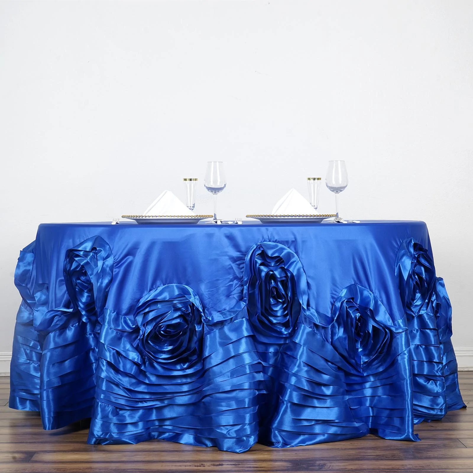 Royal Blue - 132" Tablecloth Large Rosette Round Lamour Satin Wedding Party - $119.58
