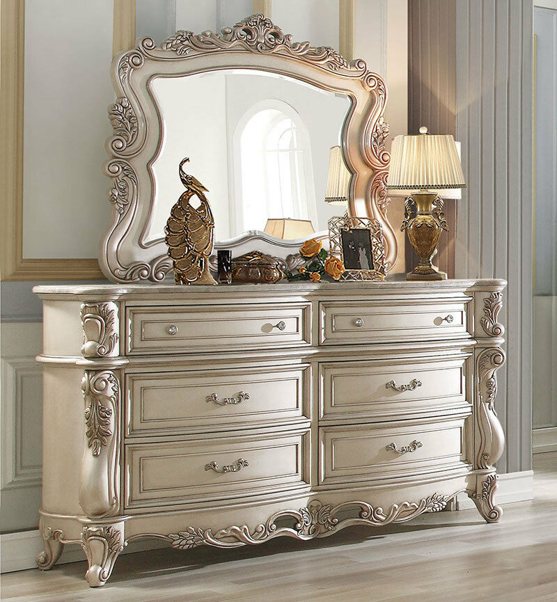 DAPHNE Traditional Antique White 5 pieces Marble Bedroom Set w. Queen