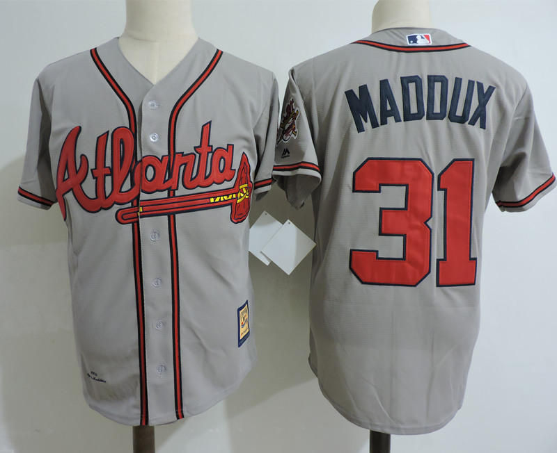 Men's Atlanta Braves 31 Greg Maddux Jersey Sewn on Gray Cooperstown