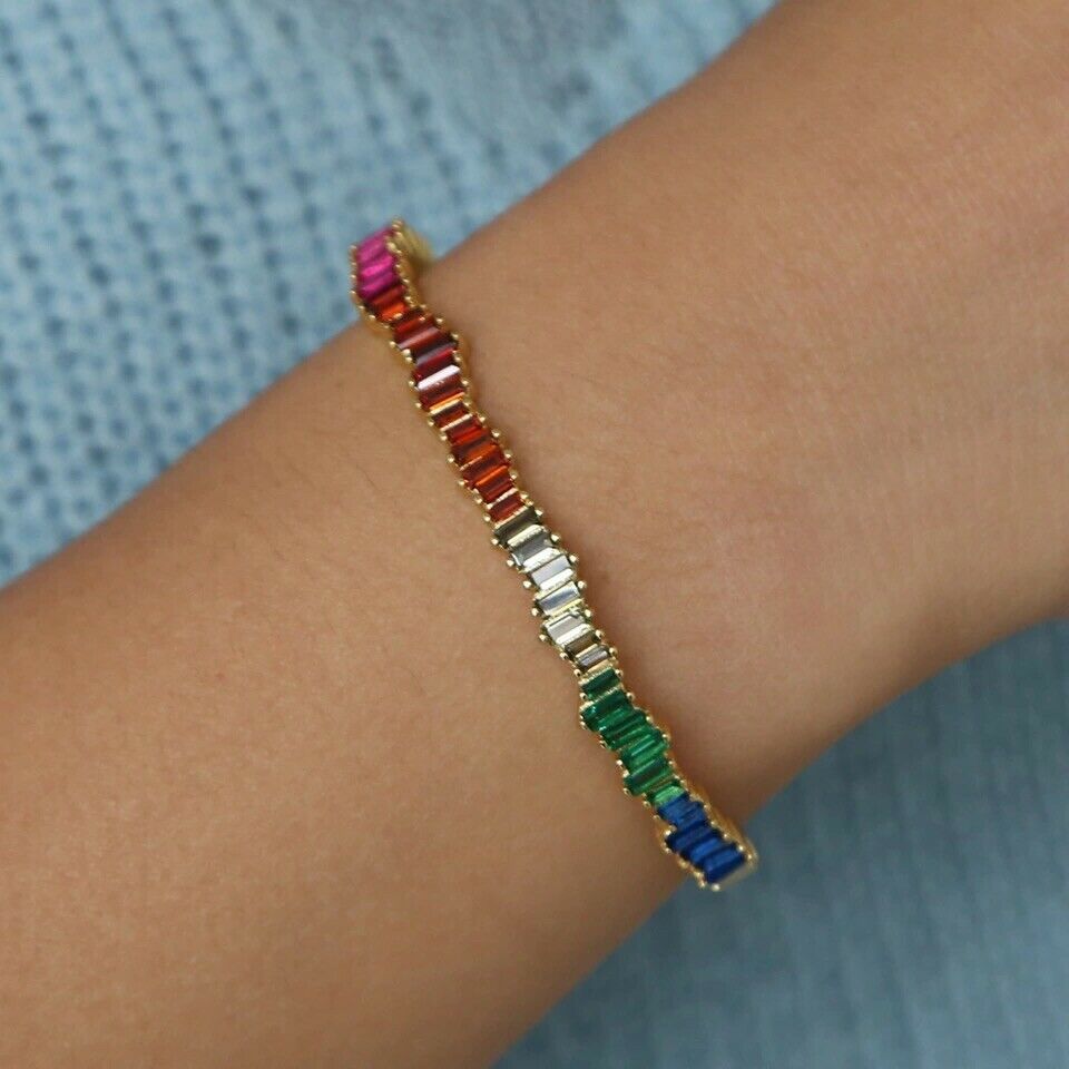 Multi Color Cubic Zirconia Cuff Bracelet, Rainbow Gold Plated CZ Bangle