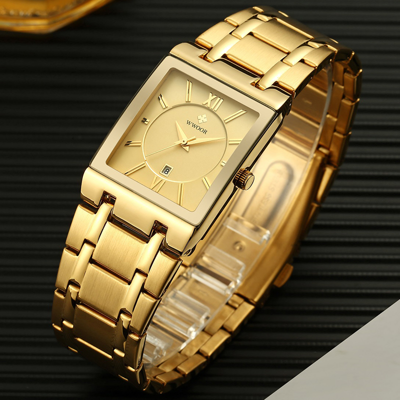 WWOOR Gold Square Men Watch Luxury Quartz Stainless Steel Waterproof Wristwatch