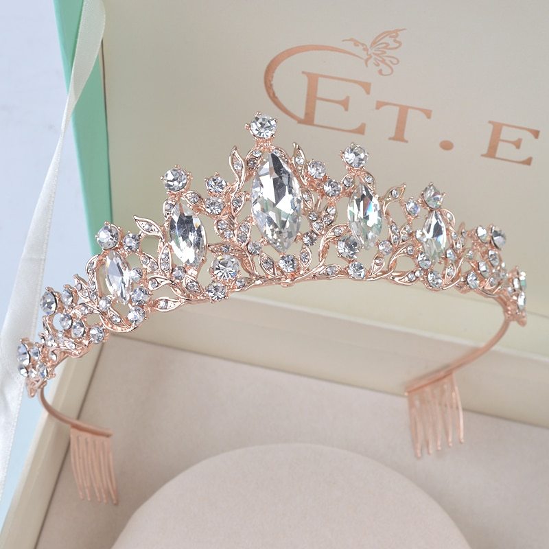 Princess Crystal Rose Gold Tiaras and Crowns Headband Girls Love Bridal Prom Wed
