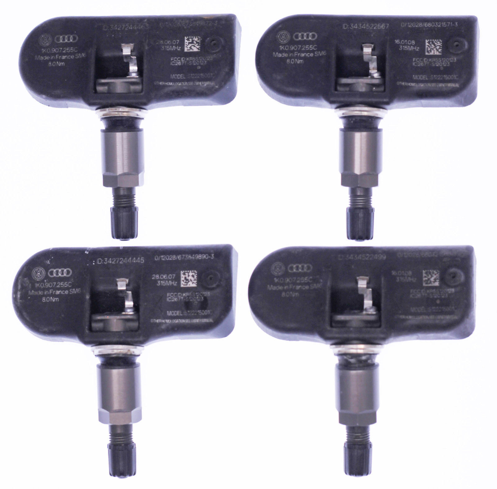 Image of Set of 4 Volkswagen Audi Tire Pressure Sensor TPMS OEM 1K0.907.255C/A