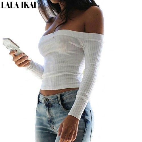 Image of Shoulder Top Street Ladies Slash Neck Autumn Off The Shoulder Top Sex T-Shirt