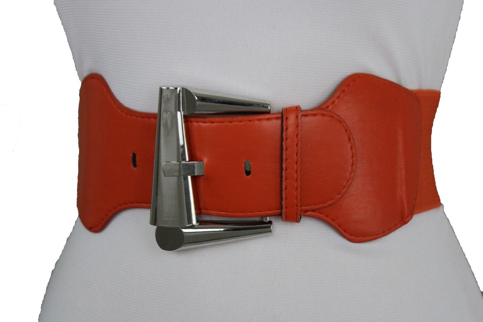 Women Orange Color Faux Leather Western Fashion Belt Silver Metal