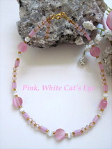PINK, WHITE CAT&#39;S EYE GOLDPLATED ANKLE BRACELET - SIZE 9 7/8&quot;  - $7.75
