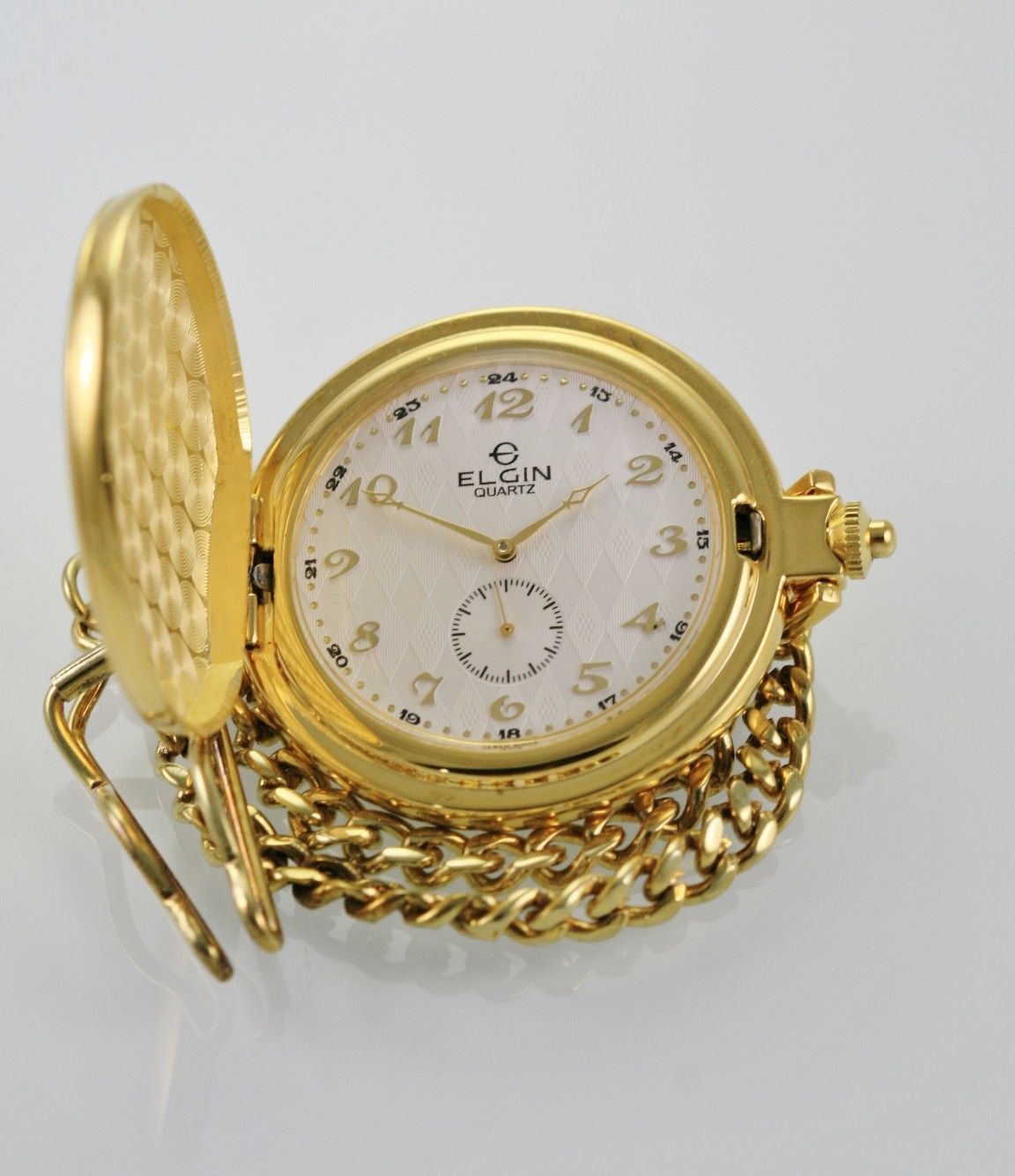 Elgin Watch Mens Pocket White Stainless Gold Battery Water Resistant