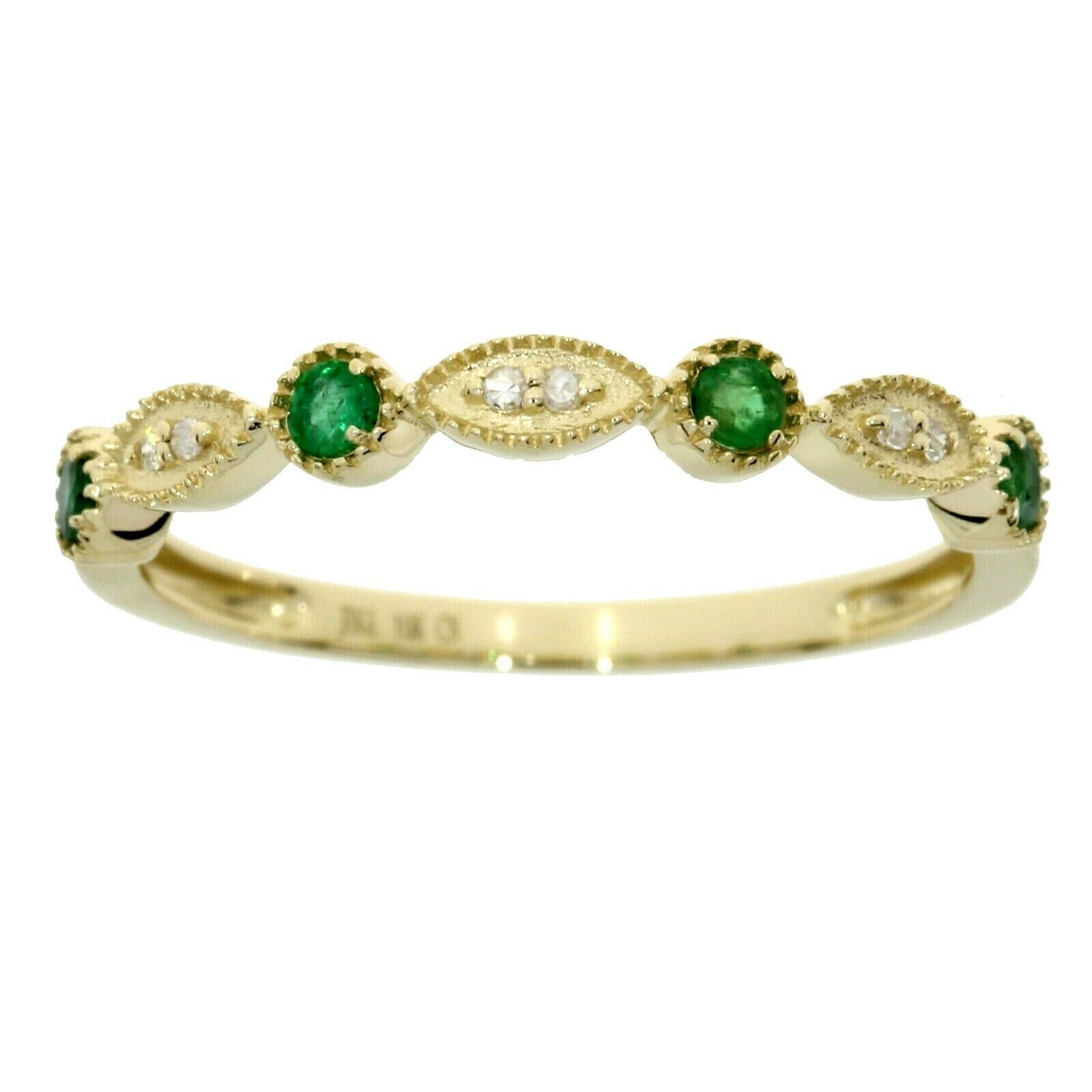 Emerald Diamond Millgrain Stackable Band Ring Yellow Gold 10kt