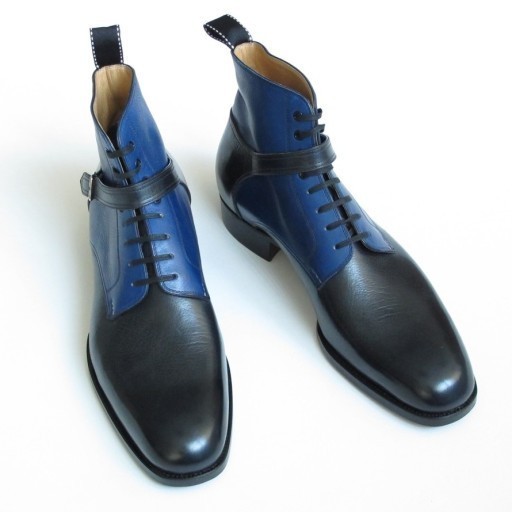 NEW NEW HANDMADE MEN WRAP BELTED BOOT, MENS LEATHER BOOTS, MENS BLACK AND BLUE B
