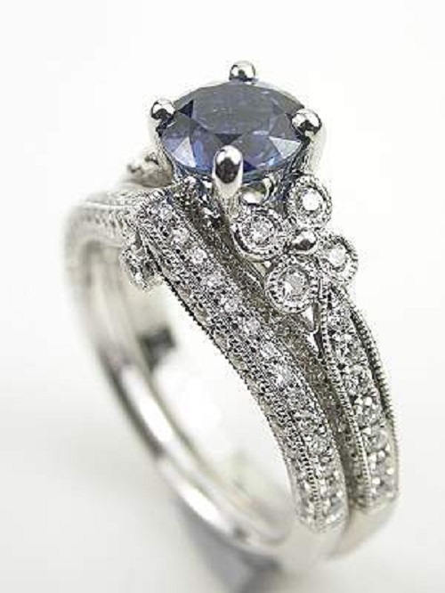 Round Cut Blue Sapphire White Gold Finish 925 Silver Bridal Engagement ...