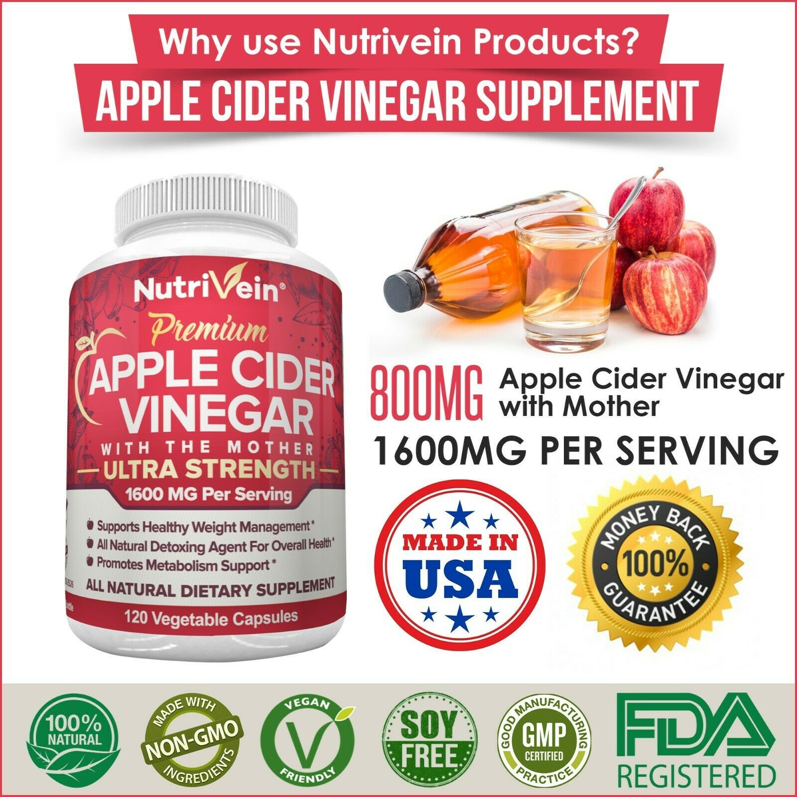 Nutrivein Apple Cider Vinegar Capsules with Mother 1600mg 120 Pills