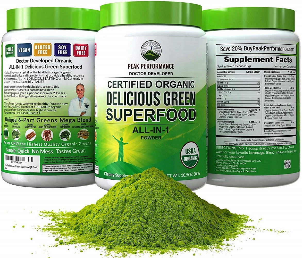 Peak Performance Organic Greens Superfood Powder. Best Tasting Organic