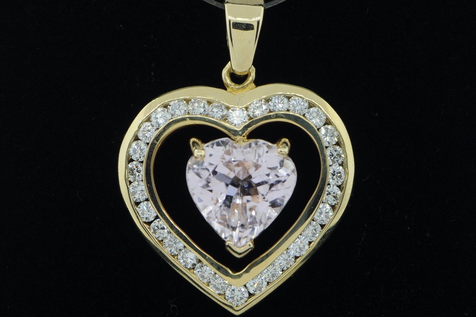 Large Custom 14K Yellow Gold 4ct Heart Shaped Natural Kunzite & Diamond ...