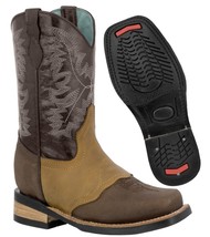 Kids Unisex Real Leather Western Boots Brown/Tan Square Toe Botas - $54.99