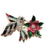 Hummingbird Bird Pin Brooch Flower Multicolor Crystal Enamel Gold Tone Spring - £20.04 GBP