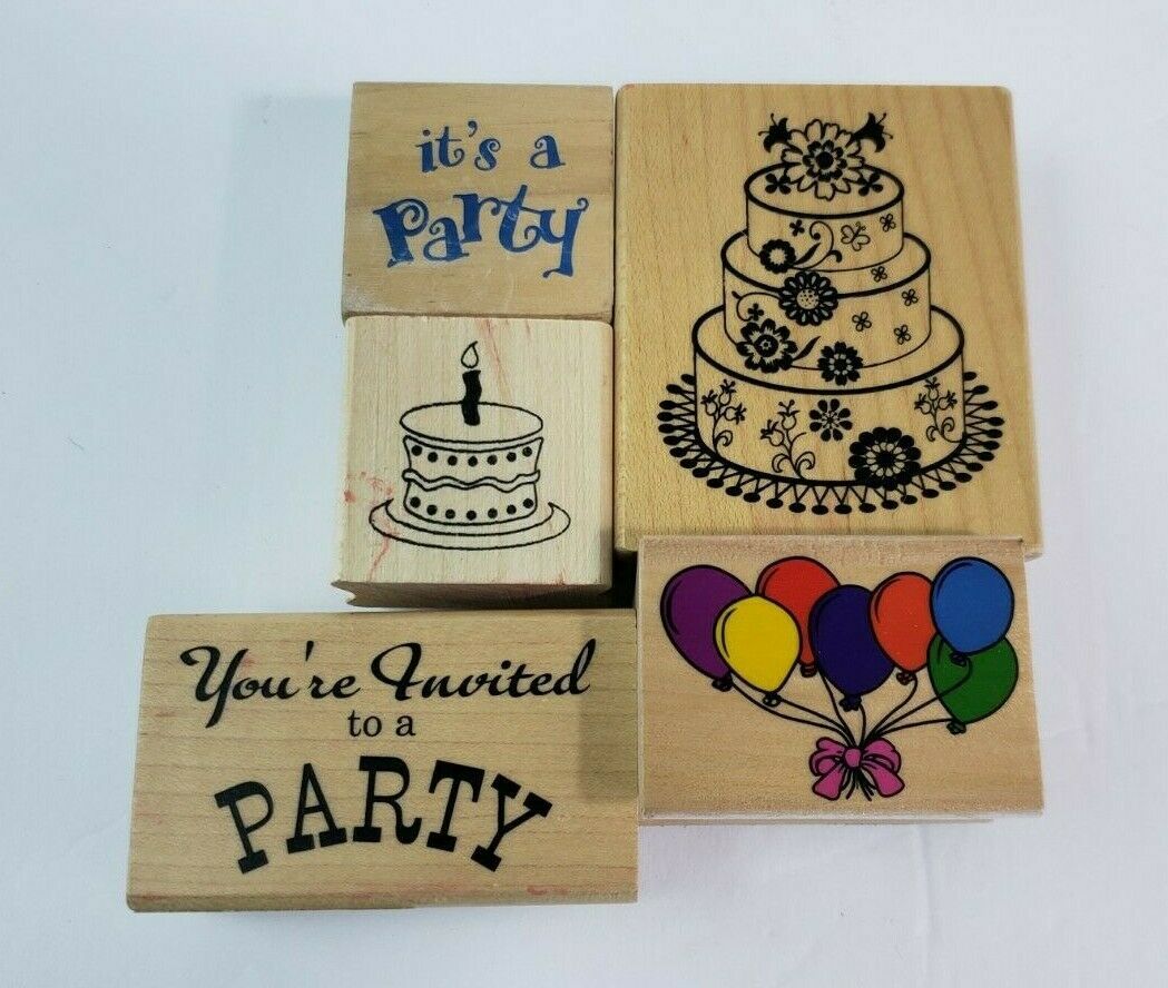Wood Block Stamps Lot 5 - Party Birthday Themed - Balloons, Cake, Words - $12.86