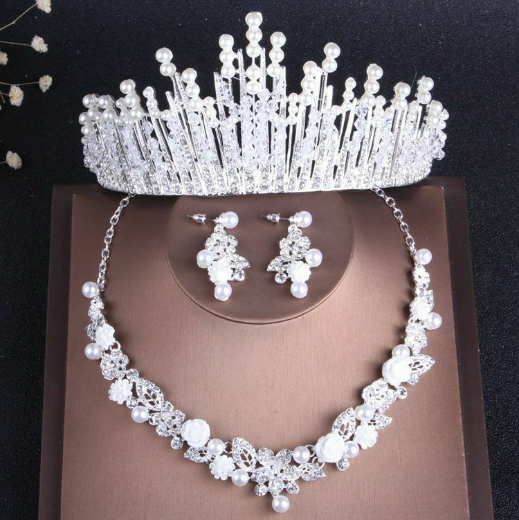 Newly Luxury Crystal Pearl Necklaces Earrings Tiara Nigerian Beads Wedding Bride
