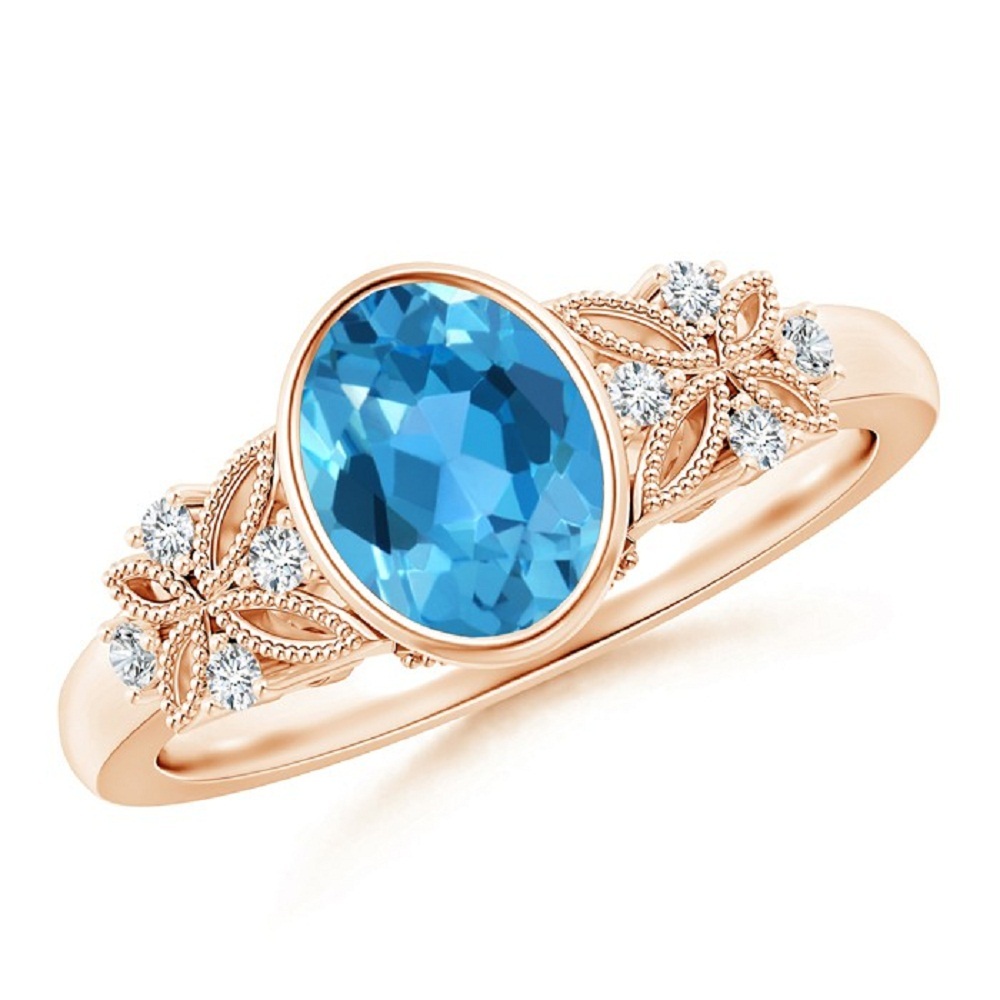 Oval Shape Blue Topaz & CZ Diamond 14K Rose GP Engagement Wedding Ring