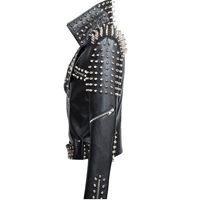 Black Color Belted Genuine Leather Silver Spiked Punk Studs Jacket for ...