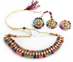 India Kundan Multicolor Choker Necklace, Earrings, Tikka Set - Bollywood... - $25.23