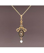 10k Yellow Gold Seed Pearls and Black Enamel Lavaliere Pendant (#J4956) - £203.85 GBP